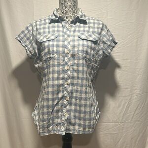 Large Columbia Short Sleeve Button Down Blue Plaid Shirt